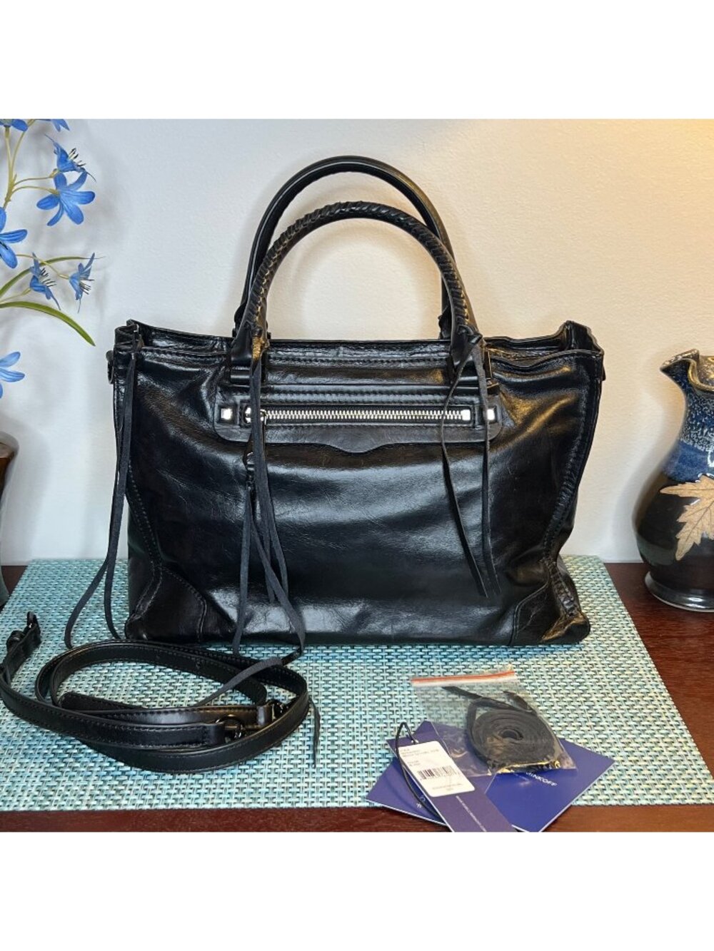 NWT Rebecca Minkoff Regan Satchel Tote in Black Smooth Leather Silver Black Hard